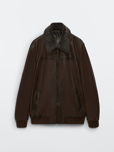 Nappa leather jacket with sheepskin collar