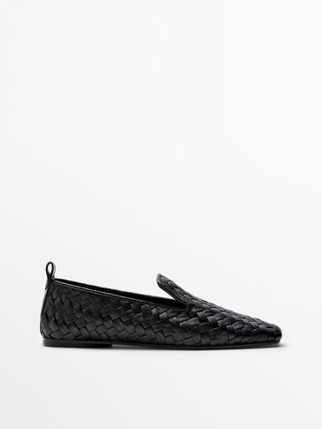 Black leather plaited loafers