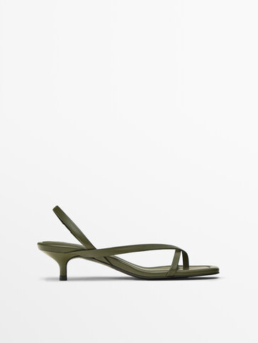 Khaki asymmetric strap heeled sandals