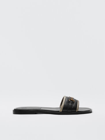 BLACK SLIDE SANDALS WITH BUCKLE AND TRIM