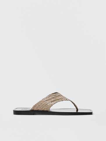 WOVEN BEIGE LEATHER SANDALS
