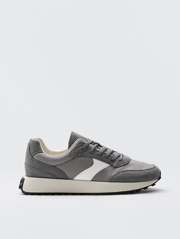GREY LEATHER TRAINERS WITH PIECES