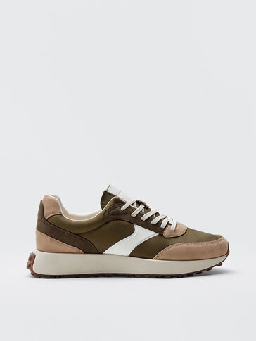 KHAKI LEATHER TRAINERS WITH PIECES