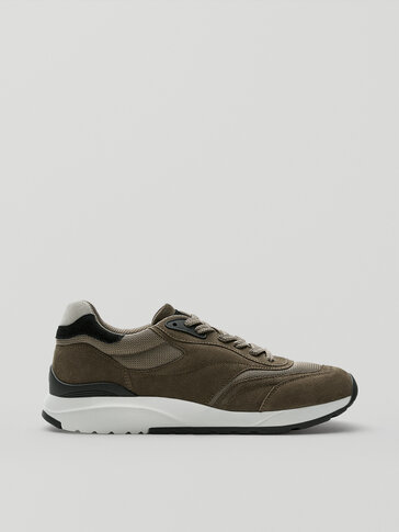 KHAKI CONTRASTING LEATHER SNEAKERS