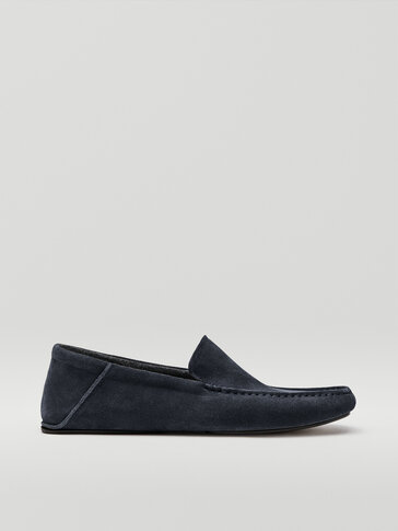 Blue split suede leather house slippers