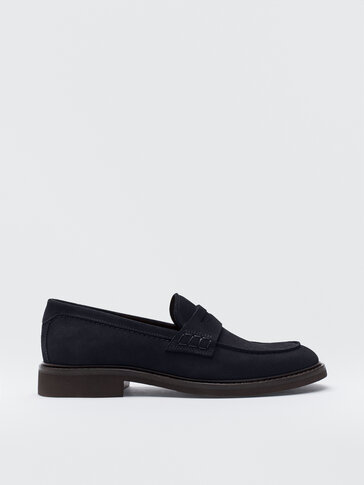 Blue split suede leather loafers