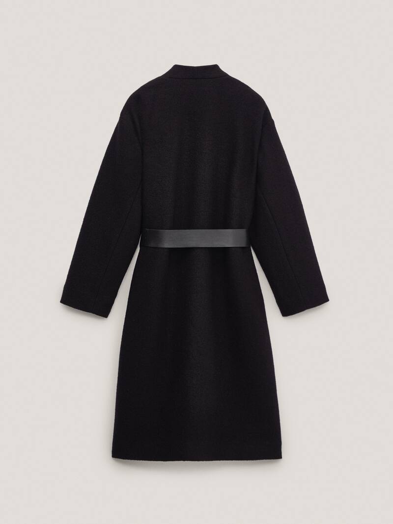 Black wool coat with leather belt - Women - Massimo Dutti