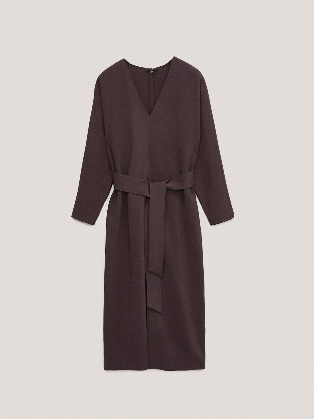 БУРГУНДСКИЙ Длинное платье с V-образным вырезом и поясом Massimo Dutti