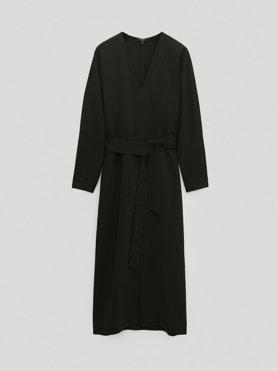 ТЕМНО-ЗЕЛЕНЫЙ Длинное платье с V-образным вырезом и поясом Massimo Dutti