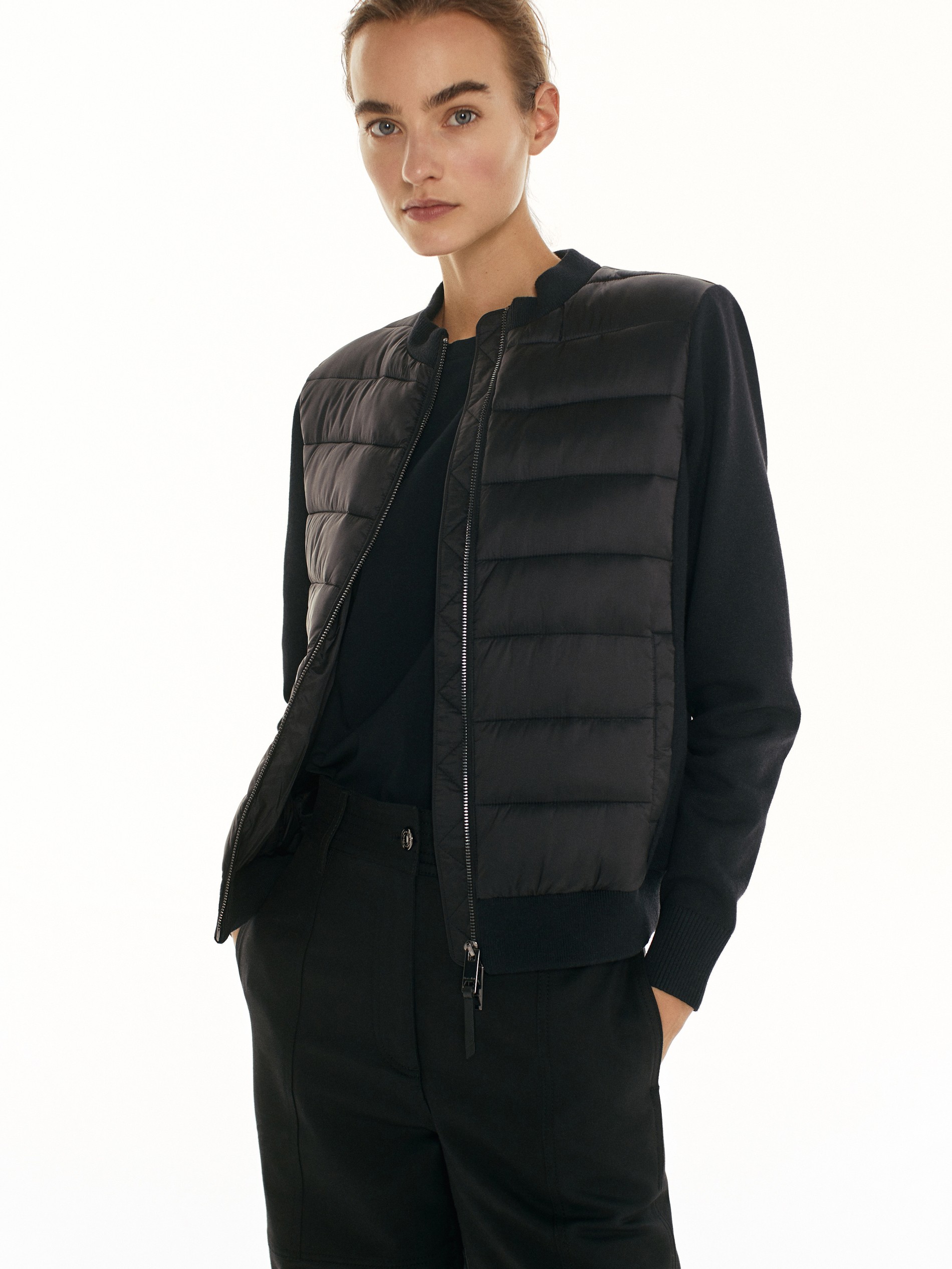 puffer jacket with knit sleeves