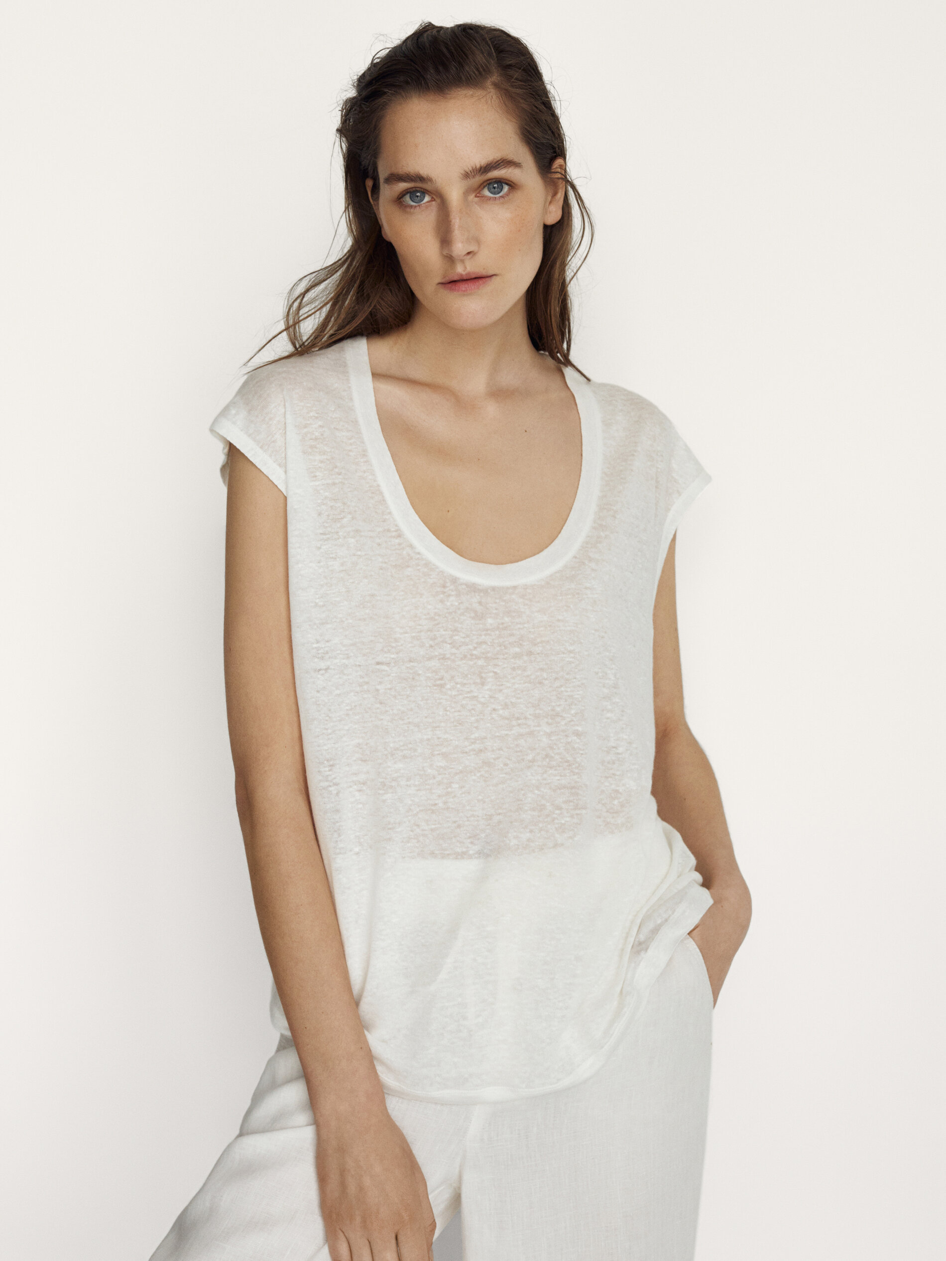 Scoop neck linen t shirt Clearance