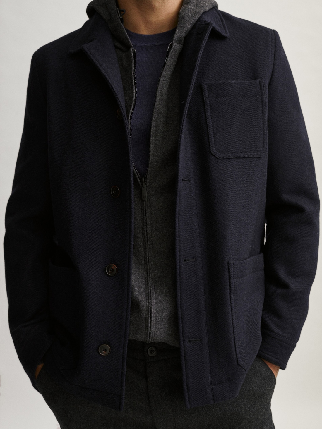 ТЕМНО-СИНИЙ Куртка-рубашка в елочку прямого кроя из  шерсти Massimo Dutti