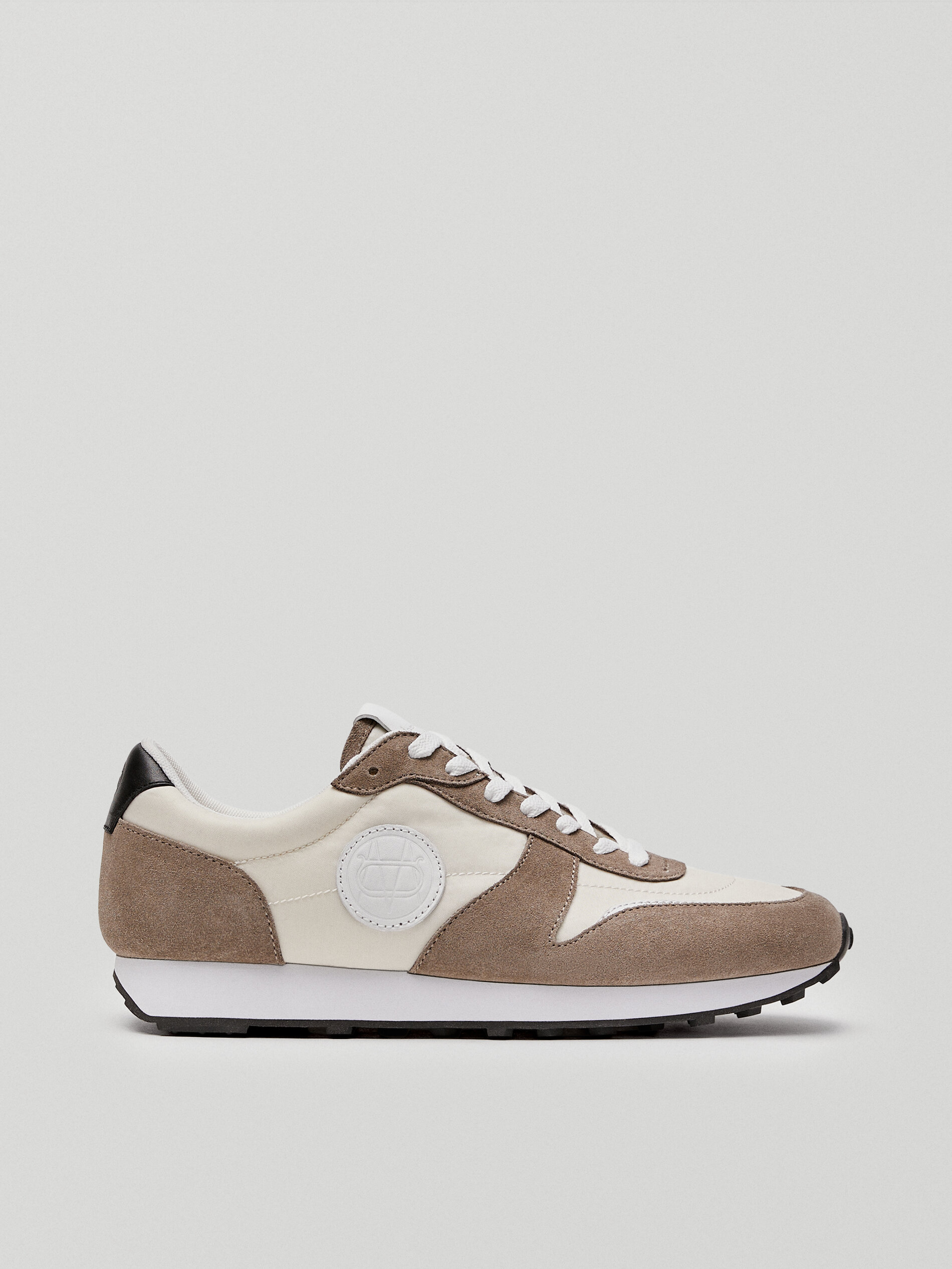 Massimo Dutti Taupe Contrast Leather Trainers With Logo - Big Apple Buddy