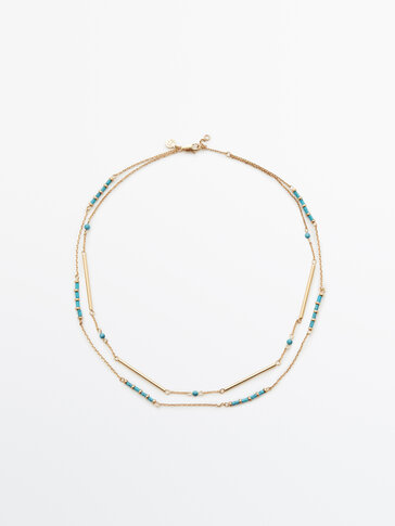 Gold-plated double necklace with blue stones