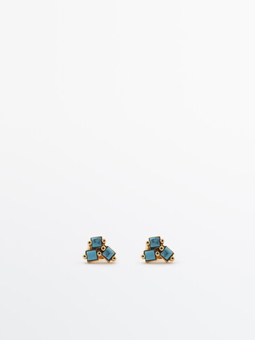 Тройные позолоченные серьги-кольца с синими камнями