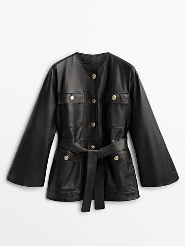 Black nappa leather jacket with buttons