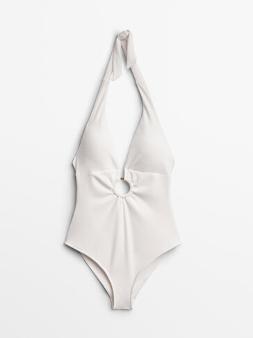 Swimsuit with front hoop and knotted neck
