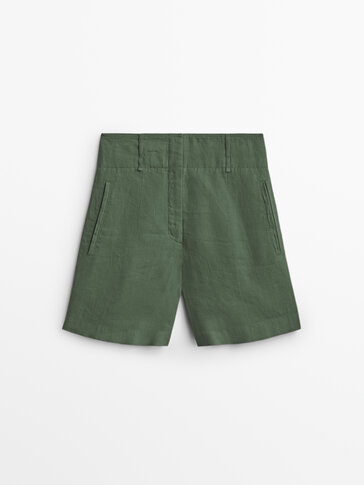 High-waist linen Bermuda shorts