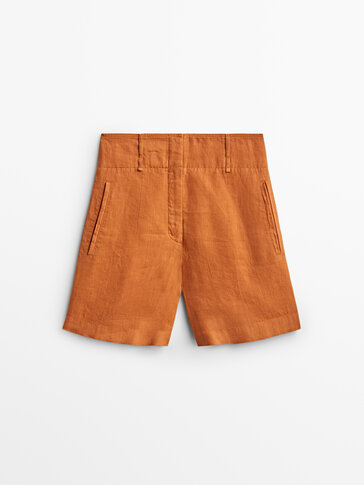 High-waist linen Bermuda shorts