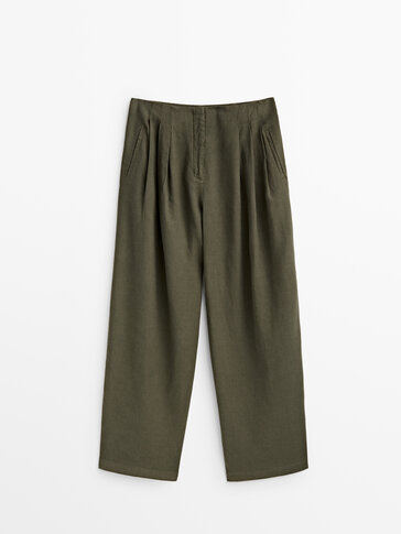 Pantalon taille basse en lin et coton