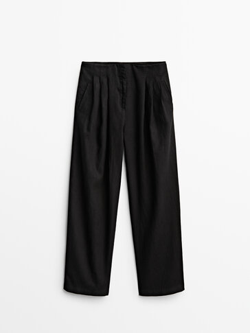 Pantalon taille basse en lin et coton