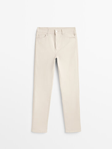 High-waist straight-leg coated trousers