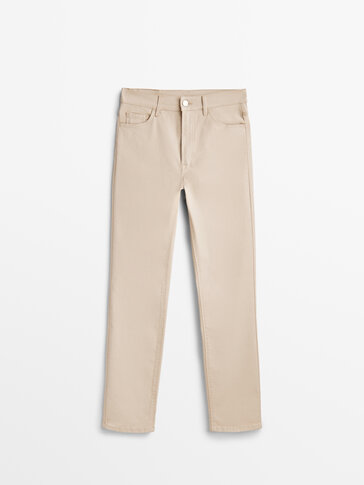 High-waist straight-leg coated trousers