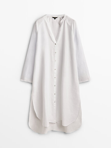 Linen oversize blouse with stand-up collar
