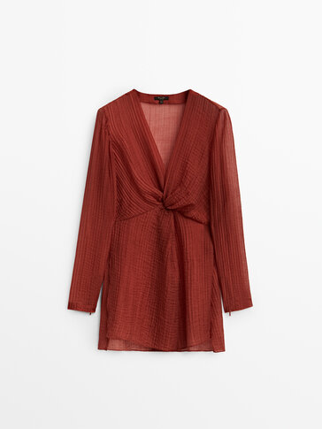 Crinkle oversized blouse with knot detail