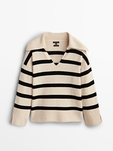 Striped wool and cashmere polo sweater