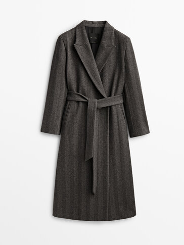 Herringbone wool blend robe coat