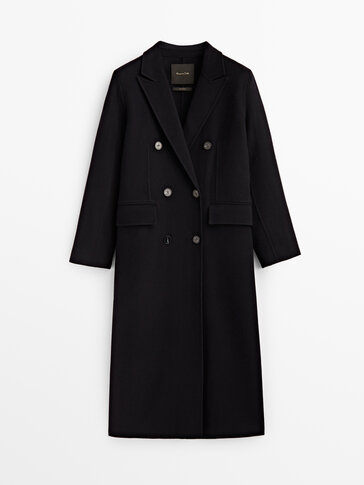 Long double-breasted wool blend coat