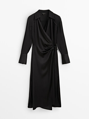 Черное атласное платье-рубашка