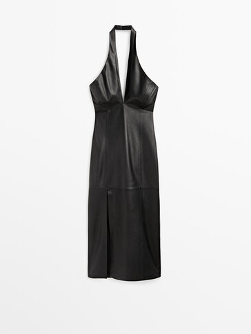 Czarna skórzana sukienka z dekoltem halter − Studio