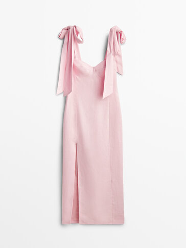 Pink linen dress with slit -Studio