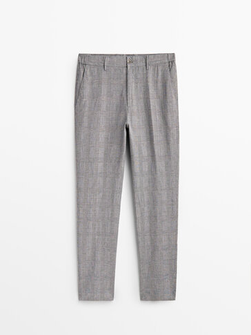 Checked cotton and linen jogging fit trousers