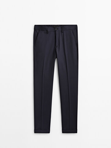 Blue micro textured wool suit trousers