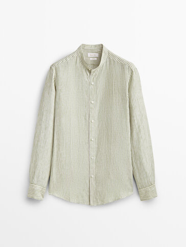 Slim fit striped linen shirt with a stand-up collar
