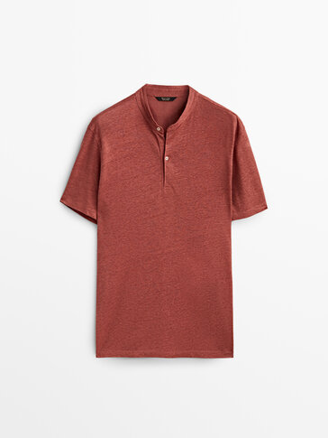 100% linen stand-up collar polo shirt
