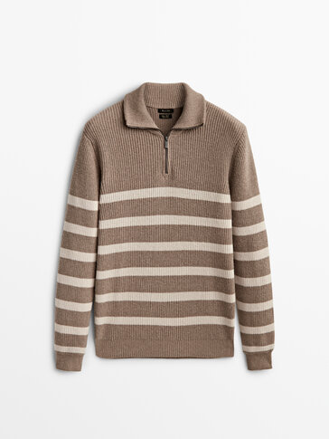 Striped mock neck sweater with zip