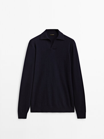 Cotton and wool V-neck polo sweater
