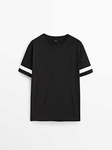 Cotton T-shirt with striped sleeves