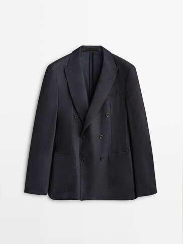 Navy blue double-breasted wool suit blazer