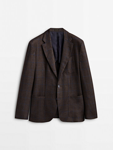 Brown wool blazer with blue checks