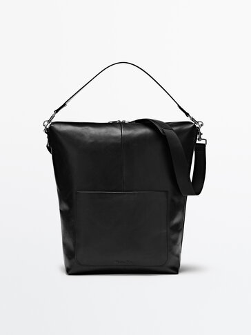 Черна кожена чанта тип пазарска, Limited Edition