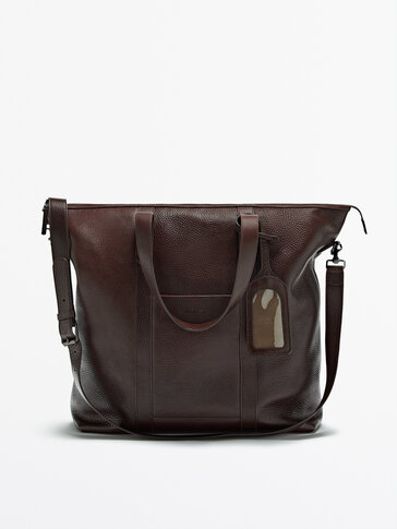 Aged effect brown leather tote bag