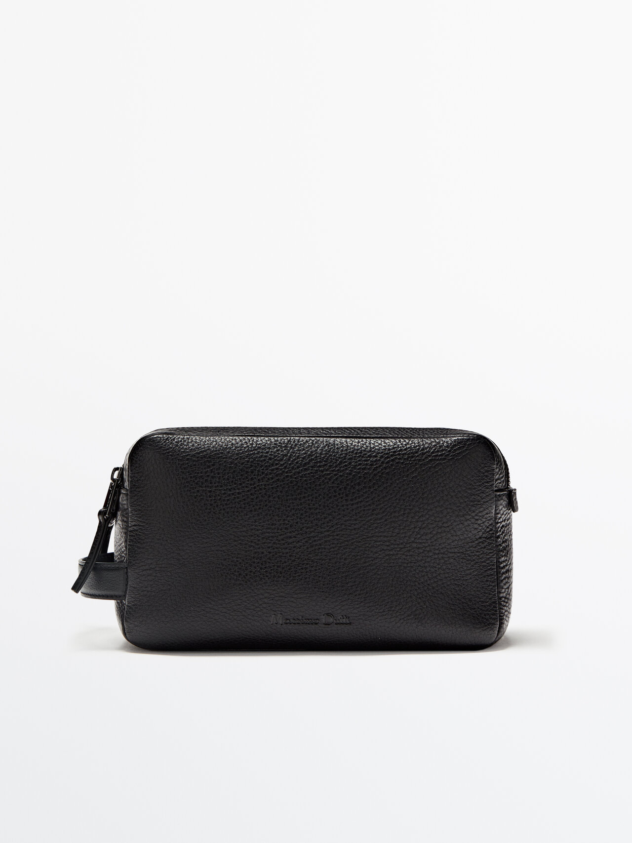 Massimo Dutti Leather Double Zip Toiletry Bag In Black