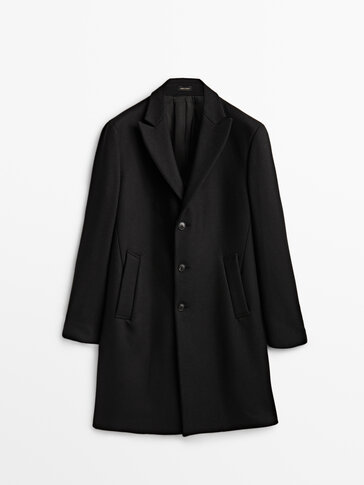 Czarny płaszcz z wełnianego diagonalu