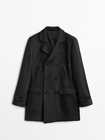 Wool double-breasted three-quarter-length coat