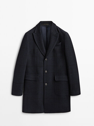 Navy blue checked wool coat